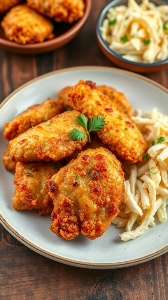 Crispy garlic fried chicken served with coleslaw on a wooden table.